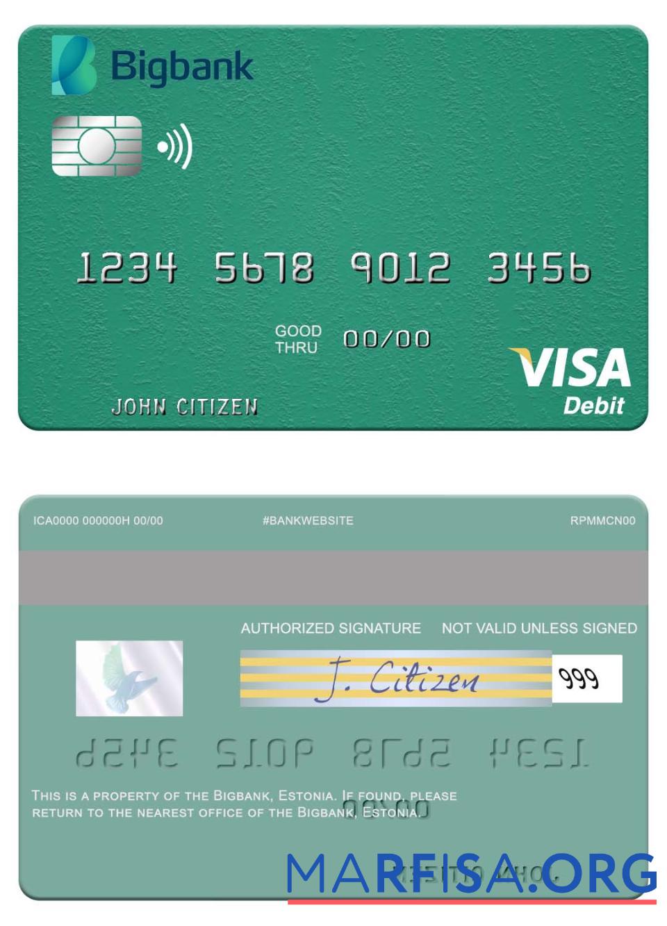 Printable Estonia Bigbank visa debit card download for verification